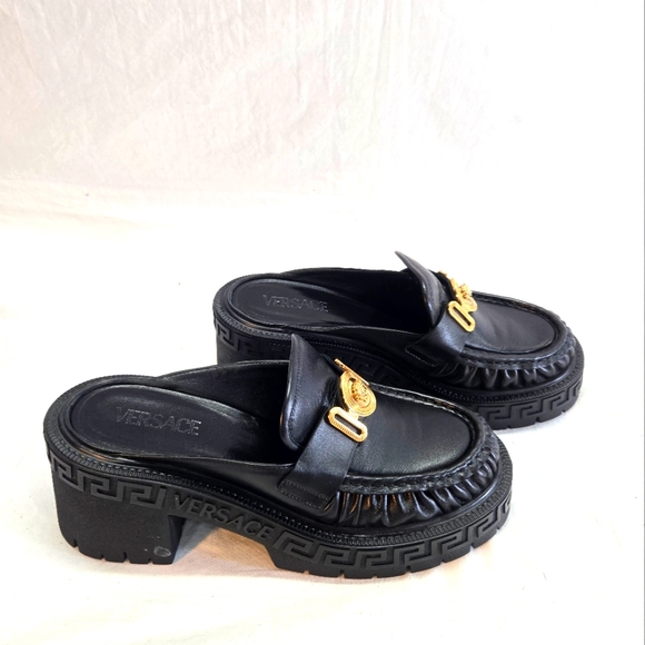 Versace Medusa Biggie Platform Mules Women's Size 40 Black Leather EUC - Picture 3 of 11
